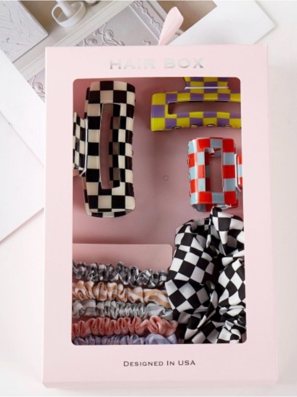 Checker Print 9 Piece Hair Accessories Box